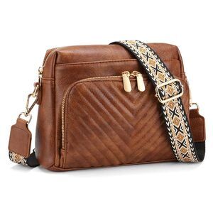 3979 Quilted Crossbody Bags Vegan Leather Purses with Wide Strap, Mudium